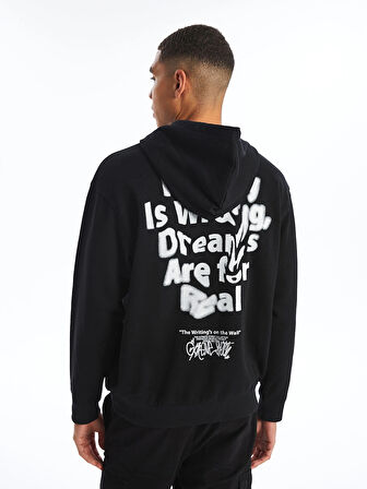 XSIDE SİYAH Uzun Kollu Baskılı Erkek Kalın Hoodie