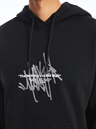 XSIDE SİYAH Uzun Kollu Baskılı Erkek Kalın Hoodie