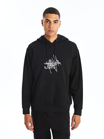 XSIDE SİYAH Uzun Kollu Baskılı Erkek Kalın Hoodie