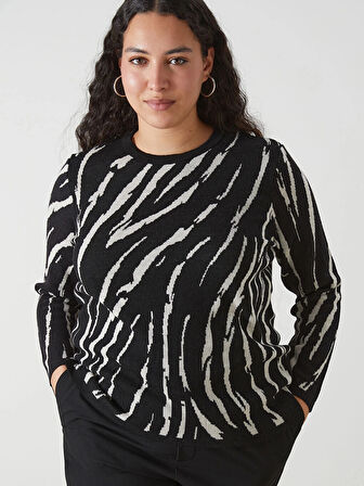 LCW Grace Siyah Bisiklet Yaka Desenli Kadın Triko Kazak