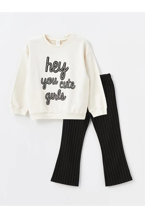 LCW Kids Ekru Bisiklet Yaka Uzun Kollu Baskılı Kız Çocuk Sweatshirt Ve Tayt 2'li Takım