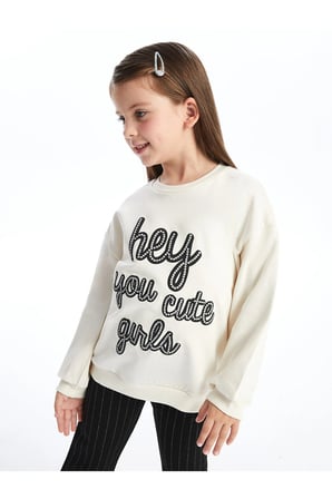 LCW Kids Ekru Bisiklet Yaka Uzun Kollu Baskılı Kız Çocuk Sweatshirt Ve Tayt 2'li Takım