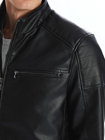 LCWAIKIKI Classic Siyah Standart Kalıp Dik Yaka Erkek Deri Görünümlü Mont