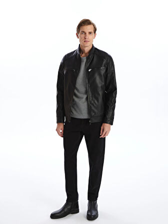 LCWAIKIKI Classic Siyah Standart Kalıp Dik Yaka Erkek Deri Görünümlü Mont