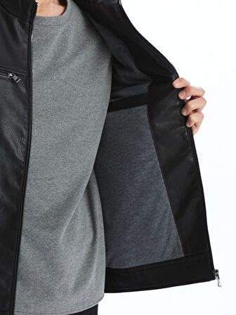 LCWAIKIKI Classic Siyah Standart Kalıp Dik Yaka Erkek Deri Görünümlü Mont