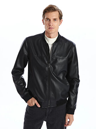 LCWAIKIKI Classic SİYAH Standart Kalıp Kolej Yaka Erkek Deri Görünümlü Mont