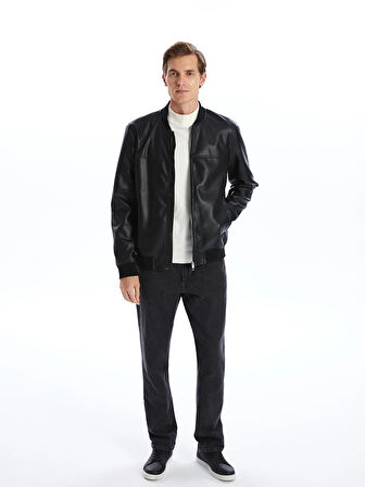 LCWAIKIKI Classic SİYAH Standart Kalıp Kolej Yaka Erkek Deri Görünümlü Mont