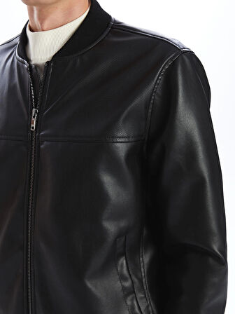 LCWAIKIKI Classic SİYAH Standart Kalıp Kolej Yaka Erkek Deri Görünümlü Mont