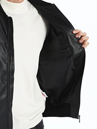 LCWAIKIKI Classic SİYAH Standart Kalıp Kolej Yaka Erkek Deri Görünümlü Mont