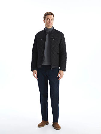 LCWAIKIKI Classic Siyah Standart Kalıp Biker Yaka Kapitoneli Erkek Mont