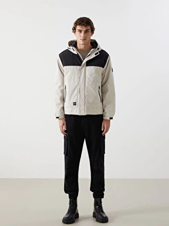 XSIDE Bej Rahat Kalıp Kapüşonlu Erkek Orta Kalın Mont