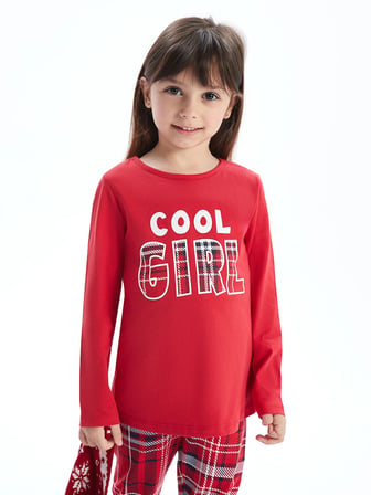 LCW baby KIRMIZI Bisiklet Yaka Uzun Kollu Yılbaşı Temalı Kız Bebek Pijama Takımı