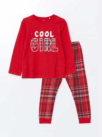 LCW baby KIRMIZI Bisiklet Yaka Uzun Kollu Yılbaşı Temalı Kız Bebek Pijama Takımı