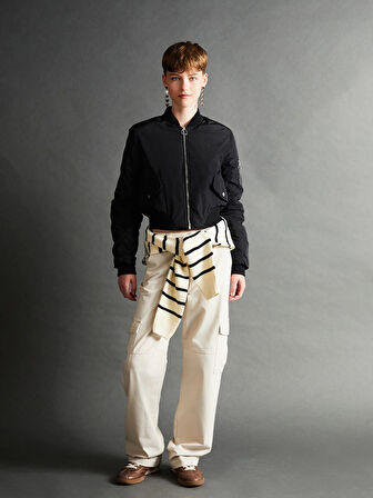 XSIDE SİYAH Kolej Yaka Crop Kadın Bomber Mont