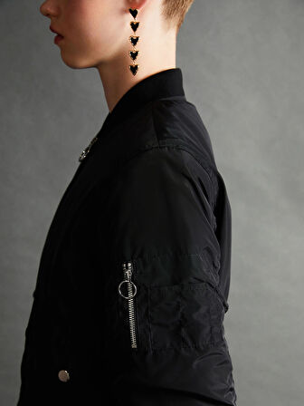 XSIDE SİYAH Kolej Yaka Crop Kadın Bomber Mont