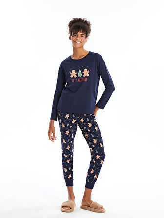 LCW DREAM Lacivert Bisiklet Yaka Baskılı Kadın Pijama Takımı