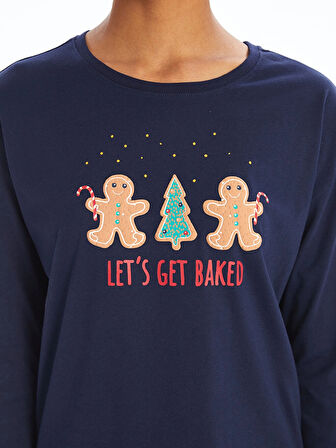 LCW DREAM Lacivert Bisiklet Yaka Baskılı Kadın Pijama Takımı