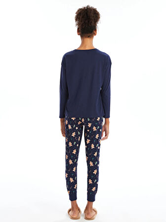 LCW DREAM Lacivert Bisiklet Yaka Baskılı Kadın Pijama Takımı