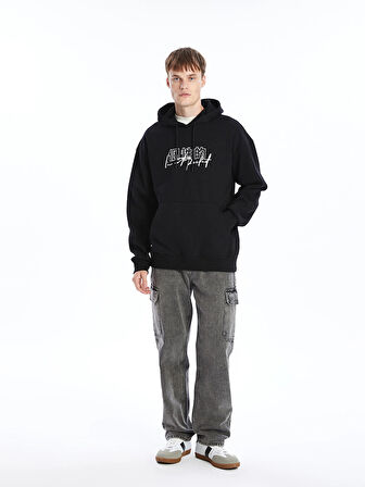 XSIDE Siyah Uzun Kollu Baskılı Erkek Kalın Hoodie
