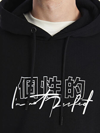 XSIDE Siyah Uzun Kollu Baskılı Erkek Kalın Hoodie