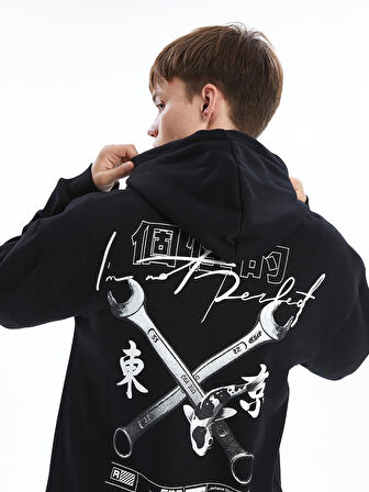 XSIDE Siyah Uzun Kollu Baskılı Erkek Kalın Hoodie