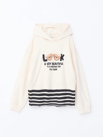 LCW Kids BEJ Kapüşonlu Baskılı Uzun Kollu Kız Çocuk Crop Sweatshirt