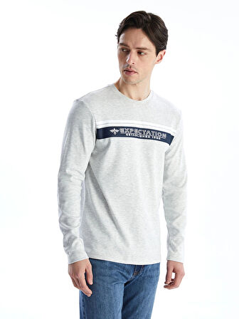 LCWAIKIKI Classic BEJ Bisiklet Yaka Uzun Kollu Baskılı Erkek Tişört