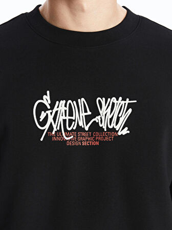 XSIDE SİYAH Bisiklet Yaka Uzun Kollu Baskılı Erkek Kalın Sweatshirt