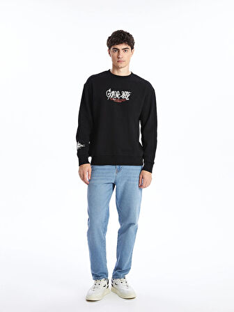 XSIDE SİYAH Bisiklet Yaka Uzun Kollu Baskılı Erkek Kalın Sweatshirt