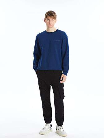 XSIDE Lacivert Bisiklet Yaka Baskılı Erkek Kalın Sweatshirt