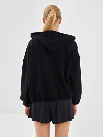 XSIDE ACTIVE Siyah Kapüşonlu Oversize Kadın Kalın Fermuarlı Sweatshirt