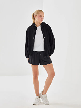 XSIDE ACTIVE Siyah Kapüşonlu Oversize Kadın Kalın Fermuarlı Sweatshirt
