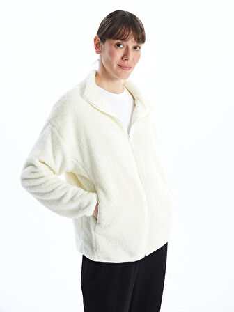 LCWAIKIKI Basic Ekru Dik Yaka Pelüş Kadın Fermuarlı Sweatshirt