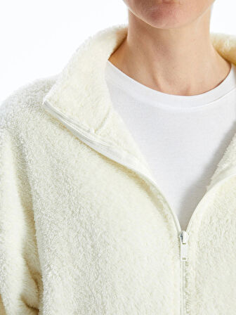 LCWAIKIKI Basic Ekru Dik Yaka Pelüş Kadın Fermuarlı Sweatshirt