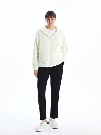 LCWAIKIKI Basic Ekru Dik Yaka Pelüş Kadın Fermuarlı Sweatshirt