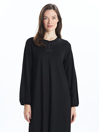 LCW Grace SİYAH Bisiklet Yaka Parlak Taşlı Kadın Elbise