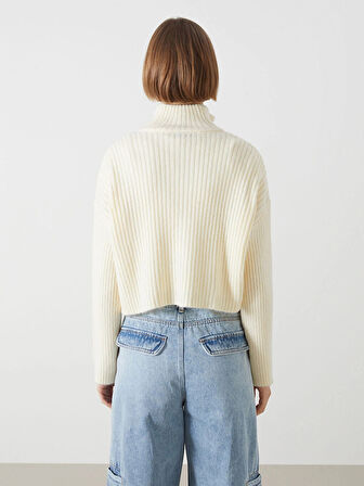 XSIDE Ekru Dik Yaka Dokulu Kadın Triko Hırka
