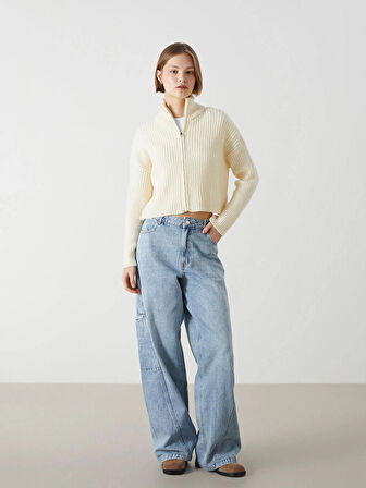 XSIDE Ekru Dik Yaka Dokulu Kadın Triko Hırka