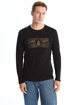 LCWAIKIKI Classic Siyah Bisiklet Yaka Uzun Kollu Baskılı Erkek Sweatshirt