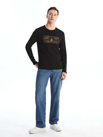 LCWAIKIKI Classic Siyah Bisiklet Yaka Uzun Kollu Baskılı Erkek Sweatshirt