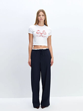 LCW Vision Beyaz Bisiklet Yaka Baskılı Kadın Crop