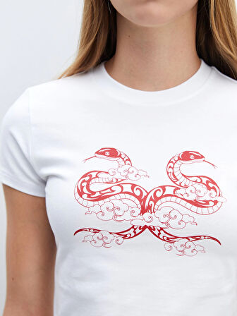 LCW Vision Beyaz Bisiklet Yaka Baskılı Kadın Crop