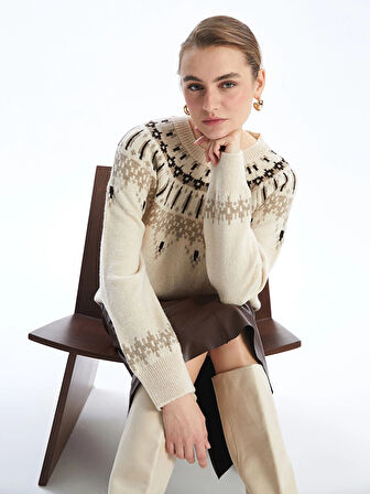 LCWAIKIKI Basic Bej Bisiklet Yaka Desenli Kadın Triko Kazak
