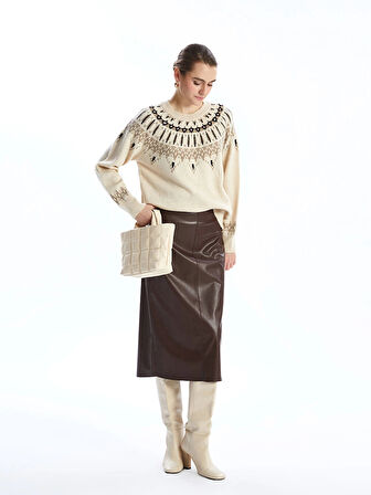 LCWAIKIKI Basic Bej Bisiklet Yaka Desenli Kadın Triko Kazak