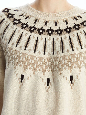 LCWAIKIKI Basic Bej Bisiklet Yaka Desenli Kadın Triko Kazak