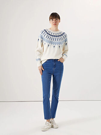 LCWAIKIKI Basic Ekru Bisiklet Yaka Desenli Kadın Triko Kazak