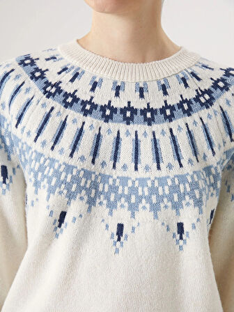 LCWAIKIKI Basic Ekru Bisiklet Yaka Desenli Kadın Triko Kazak