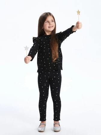 LCW Kids Siyah Bisiklet Yaka Baskılı Kız Çocuk Bluz ve Tayt 2'li Takım