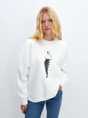 LCW Vision Beyaz Bisiklet Yaka Baskılı Oversize Kadın Kalın Sweatshirt