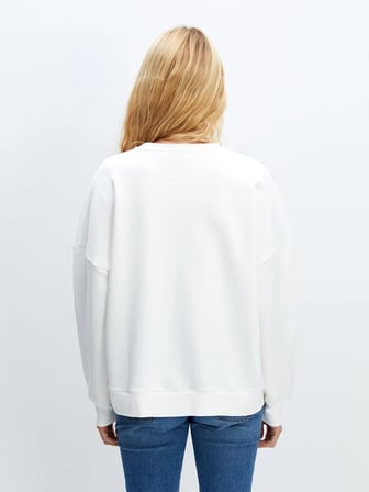 LCW Vision Beyaz Bisiklet Yaka Baskılı Oversize Kadın Kalın Sweatshirt